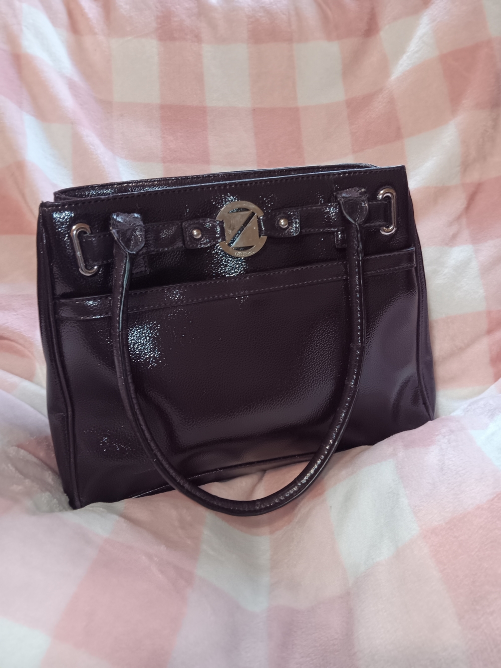 Nine & Co. Patent Dark Purple Shoulder Tote with Silver Emblem